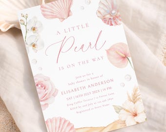 A Little Pearl is on the Way Baby Shower Invitation Template | Pink Seashells Under the Sea Canva Printable Invite