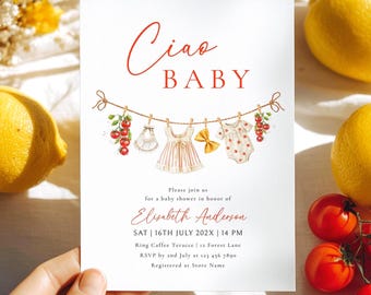 Ciao Baby Shower Einladung Vorlage | Italienisches Thema Baby Mädchen Wäscheleine | Druckbares Canva Invite