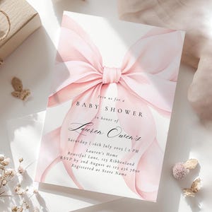 Blush Pink Bow Baby Shower Invitation Template Baby Girl Shower Canva Template Elegant Pink Coquette Baby Shower Invitation Instant Download
