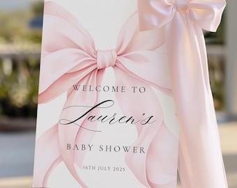 Rosa Schleife Baby Shower Willkommensschild Bearbeitbar Canva Template Rosa Kokette Babyparty Eingangsschild Template Pink Ribbon Minimal 18x24 & 24x36