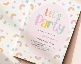 Pastell Regenbogen Geburtstagseinladung Vorlage | Bearbeitbar Herzen Sterne Blumen Canva Printable einladen
