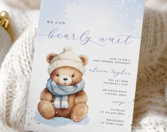 „Wir können es kaum erwarten“ – Blaue Einladungsvorlage für eine Babyparty | Winterliche Weihnachtseinladung mit Aquarell-Teddybär – CANVA-DIGITALDOWNLOAD