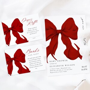 Modèle d'invitation pour baby shower avec noeud rouge Modèle sur toile pour shower de bébé fille bordeaux, élégante coquette festive, invitation sur toile Canva à téléchargement immédiat