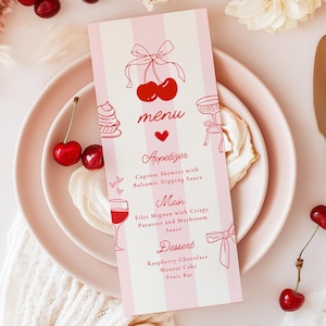 Wiśnia na wierzchu kokardy Bridal Shower Menu karty szablon Retro różowe paski Karta obiadowa Ona wiąże węzeł Rysowane ręcznie Bridal Brunch Canva Edycja