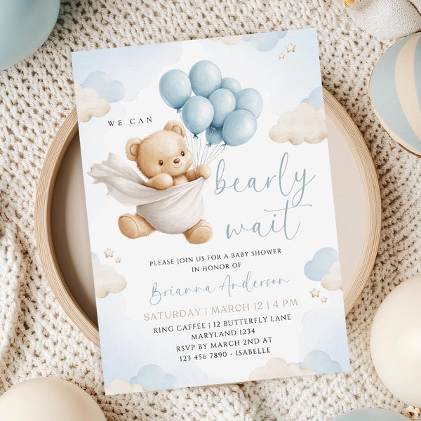 Podemos esperar Plantilla de invitación para baby shower en azul polvoriento Osito de peluche Globo azul Acuarela Niño Baby Shower Invitación imprimible Canva