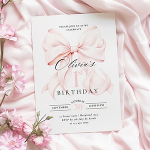 Pink Bow 1st Birthday Invitation Our Little Is Turning One Girl First Birthday Invite Elegant 1st Pink Ribbon Theme Party Invitation Canva