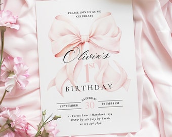 Convite de 1º aniversário com laço rosa Nossa pequena está fazendo um ano Convite de primeiro aniversário para menina Elegante convite para festa com tema de laço rosa Canva