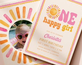 Einladungsvorlage für den ersten Geburtstag eines Mädchens | Sommerliche Babyparty-Einladung im Sonnen-Stil (Canva-Druckvorlage)