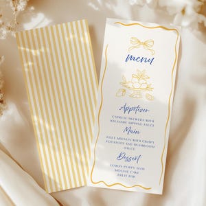 Carte de menu pour le brunch d'été jaune pâle citron dessinés à la main rétro thème agrumes & rayures douche nuptiale menu alimentaire modèle canva imprimable