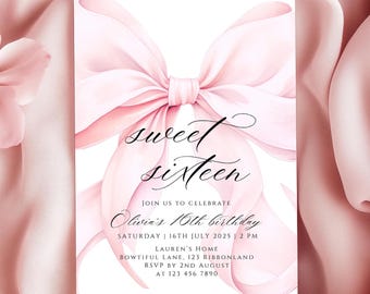 Rosa Bogen Bonbon 16 Geburtstags-Einladungs-Schablone 16. Geburtstag-Mädchen-Geburtstags-Einladungs-elegante 16. rosa Band-Thema-Party Einladung Kokette