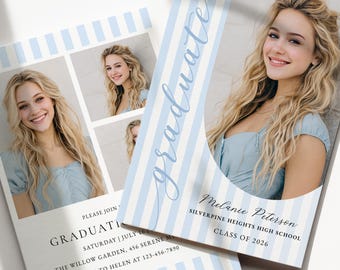 Blue Stripe Graduation Invitation Template – Canva Printable Photo Collage Invite