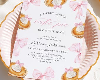 Einladung zur Babyparty „Kleiner süßer Kuchen“: Rosa Schleife, Kürbiskuchen (Canva-Vorlage, digitaler Download)