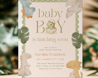 Einladungsvorlage für eine Babyparty mit Dino-Junge | Verspielte Dinosaurier-Einladungskarte (Digitaler Download, Canva-Druckvorlage)