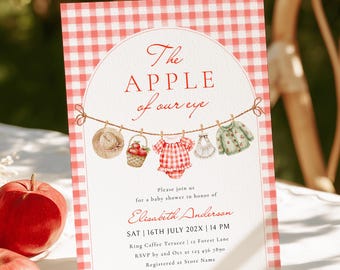 Einladungsvorlage für die Babyparty „Der Apfel unseres Auges“ | Rot-grün kariert (Canva-Vorlage zum Ausdrucken)
