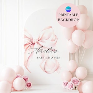 PRINTABLE DIY Pink Bow Balloon Backdrop Canva Template Pink Coquette First Birthday Baby Shower Photo Backdrop Balloon Arch 34&quot; x 60&quot; inch