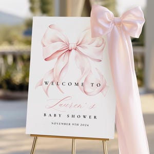 Rosa Schleife Baby Shower Willkommensschild Bearbeitbar Canva Template Rosa Kokette Babyparty Eingangsschild Template Pink Ribbon Minimal 18x24 & 24x36