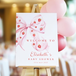 Plantilla de letrero de bienvenida para baby shower con lazo de fresa Alguien dulce con forma de baya está en camino Cinta para niña coqueta Lazo rosa Lienzo imprimible