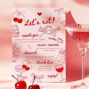 Szablon karty menu ślubnego z motywem wiśni Różowo-czerwona karta na wieczór panieński dla dziewcząt na brunch, ręcznie rysowana wiśnia na szczycie, edytowalna na Canva