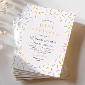 Invito per baby shower con granelli rosa pastello, modello modificabile per invito per baby shower con tema arcobaleno colorato e tenui, download digitale