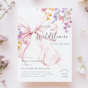 Wildflower Baby Shower Invite Pink Bow Baby in Bloom Baby Shower Invitation Template Meadow Floral Coquette Baby Girl Printable Canva Invite