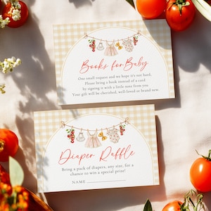 May include: Two baby shower cards with a gingham background. The top card reads "Books for Baby" and the bottom card reads "Diaper Raffle". Both cards have illustrations of baby clothes and a decorative arch.