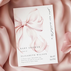 Modern Blush Pink Bow Baby Shower Invitation Template Baby Girl Shower Canva Template Elegant Pink Baby Shower Invitation Instant Download