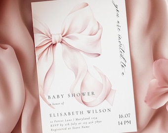 Modern Blush Pink Bow Baby Shower Invitation Template Baby Girl Shower Canva Template Elegant Pink Baby Shower Invitation Instant Download