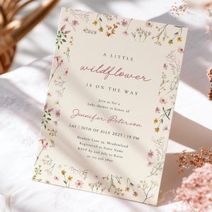 A Little Wildflower Is On The Way Invitation Template | Vintage Boho Watercolor Invite Canva Printable