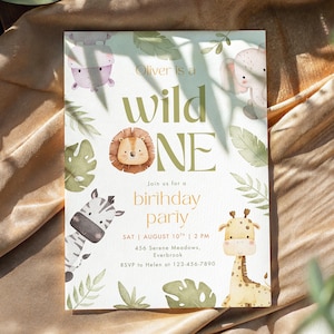 Convite de Aniversário de 1 Ano com Tema Safari | Convite Imprimível com Modelo de Canva de Animais Selvagens