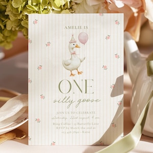 Convite de Aniversário Vintage "Um Ganso Bobo" | Modelo Editável em CANVA | Convite Estilo Preppy para Menina da Geração Y