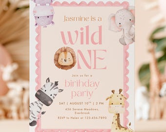 Verspielte Einladung zum 1. Geburtstag im Safari-Stil mit Muschelmuster für Mädchen | Druckbare Canva-Vorlage mit Tiermotiven