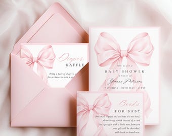 Rosa Babypartyeinladung Schleife Babyparty Canva Vorlage Elegantes Rosa kokett Babypartyeinladung Canva Sofort Download