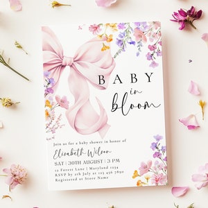 Baby in Bloom Wildflower Baby Shower Invite Pink Bow Baby Shower Invitation Template Meadow Floral Coquette Baby Girl Printable Canva Invite