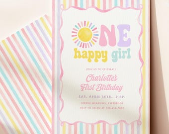 Einladungsvorlage für den ersten Geburtstag eines Mädchens | Pastellfarbene Sommerparty-Einladung für Babys (Canva-Druckvorlage)