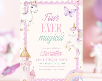 Verspielte Geburtstagseinladung mit Einhornmotiv | Magische Einladung zum 4. Geburtstag (Canva-Vorlage zum Ausdrucken)