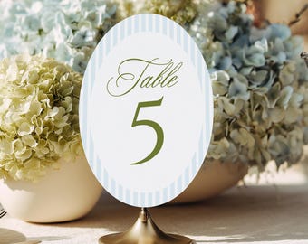 Editable Oval Wedding Table Number Template | Blue & Green Stripes Table Sign | Canva Printable