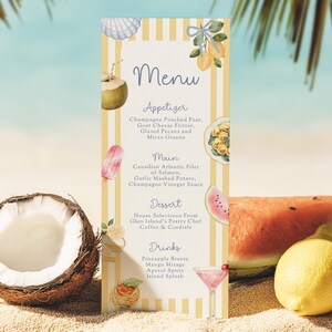 May include: A beach-themed menu card with a yellow and white striped background. The menu lists appetizers, main courses, desserts, and drinks. Decorative elements include a coconut, watermelon, lemon, and cocktail.