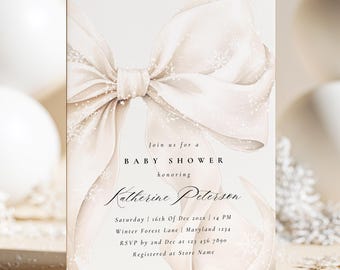 Einladungsvorlage für eine Babyparty mit Schneeschleife (Canva-Vorlage) | Elegante, festliche Einladung mit Schleife für Weihnachten – DIGITALER DOWNLOAD