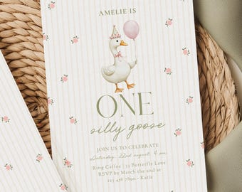 Vintage One Silly Goose First Birthday Invitation | Editable Canva Template | Preppy Grandmillennial Girl Invite