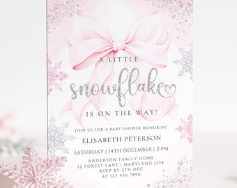 Einladungsvorlage „Kleine Schneeflocke unterwegs“ | Digitale Canva-Einladung zur Babyparty mit rosa Schleife