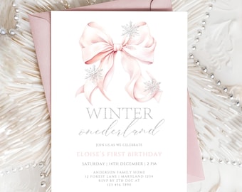 Pink Bow Winter Onederland First Birthday Invitation Girl Snowflake 1st Birthday Pink Silver Winter Onederland Invite 1st Christmas Birthday