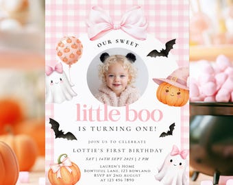 Einladung zum 1. Geburtstag von Little Boo | Rosa Mädchenhaftes Vichy-Karo-Halloween-Thema (Canva-Vorlage, digitaler Download)