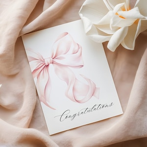 Afdrukbare roze strik wenskaart elegante blush roze felicitatie verjaardagskaart meisje babyshower cadeaukaart voor haar strik thema coquette canva
