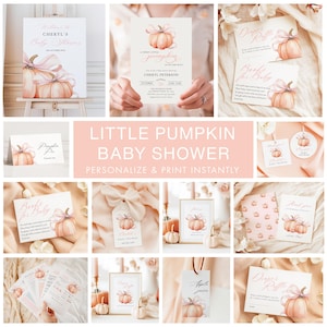 BUNDLE Little Pumpkin is On The Way Baby Shower Set Pink Bow Girl Invitation Fall Welcome Sign Digital Invite 10x Game Party Supply Bundle