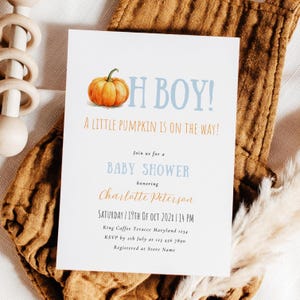 Oh Junge, kleiner Kürbis ist unterwegs, Orange Kürbis Junge-Babyparty-Einladungsschablone Aquarell Herbst-Kürbis-Thema laden Baby kokett ein