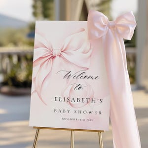 Pink Bow Heaven Sent Baby Shower Welcome Sign Template Baby Girl Shower Piece of Heaven Baby Shower Poster Sign Printable Blush Cloud Theme