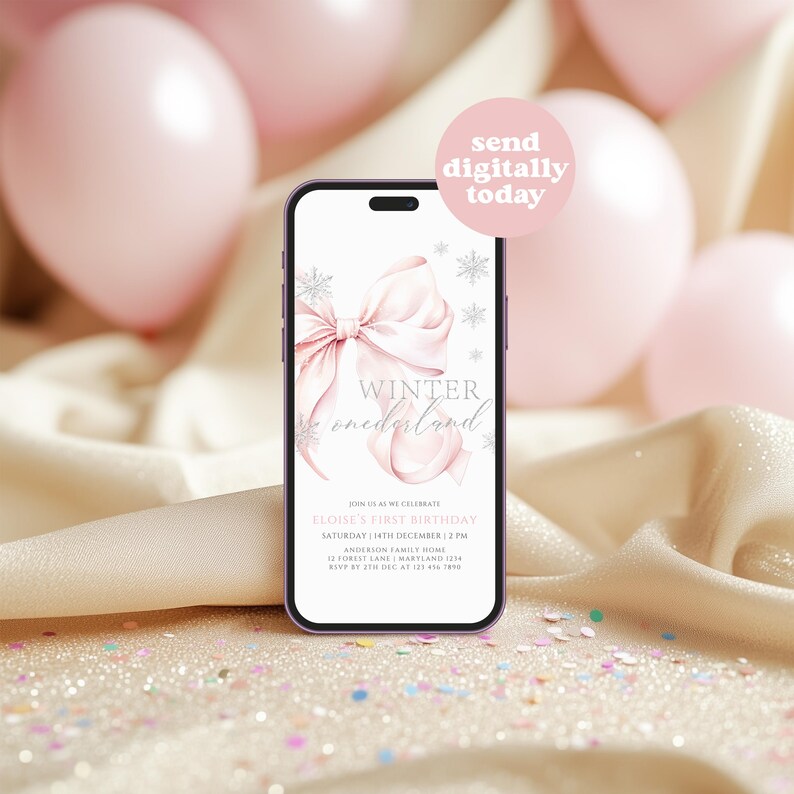Mobile Animated Pink Bow Winter Onederland First Birthday Invitation Template Girl Snowflake 1st Birthday Pink Silver 1st Christmas Birthday image 2