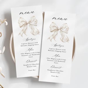 Elegancki biały kokardka z kości słoniowej Menu Karta Szablon Baby Shower Bridal Shower Menu Ślubne Szablon Canva Wydrukuj Lekka wstążka Kokarda Minimalistyczny