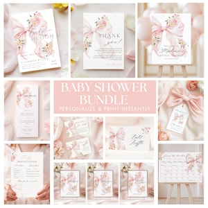Modello BUNDLE per baby shower con fiocco rosa Baby in Bloom Baby Shower Invitation per bambina con fiocco rosa floreale Giochi Welcome Sign Menu Card Canva