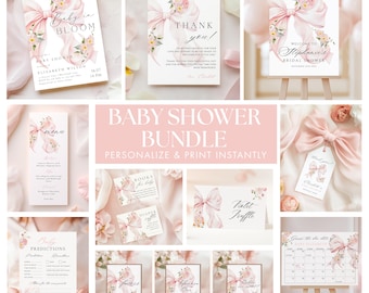 Pink Bow Baby in Bloom Baby Shower BUNDLE Template Baby Girl Floral Cute Pink Bow Baby Shower Invitation Games Welcome Sign Menu Card Canva